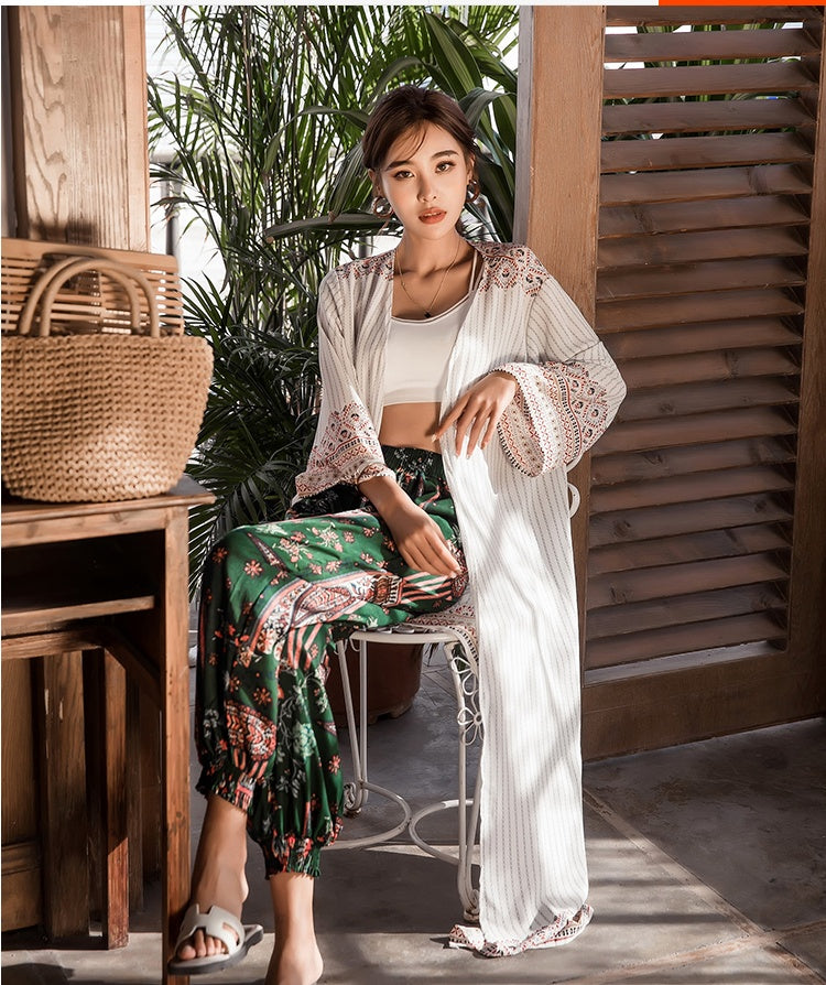 Beach holiday beach sun protection clothing female retro shawl outside summer bohemian flower striped thin cardigan