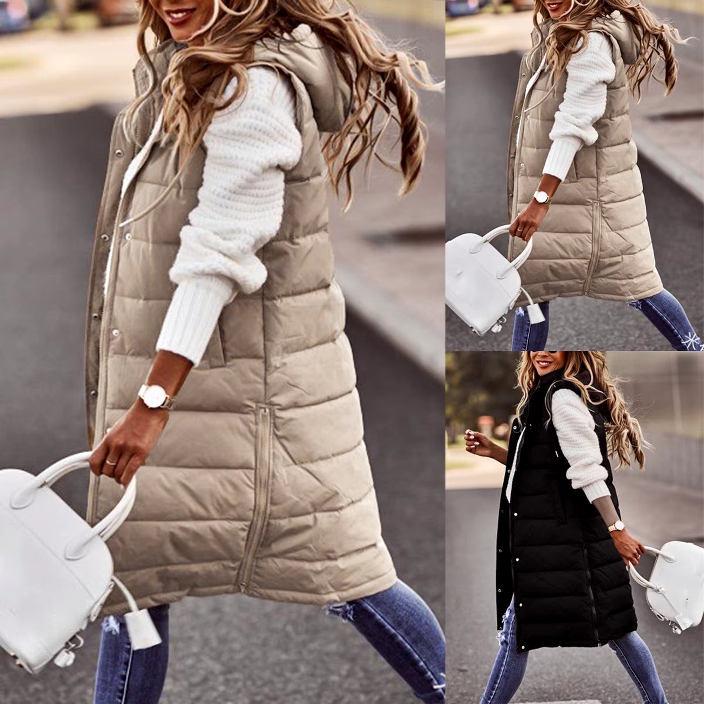 Women'S Hoodie Vest Winter Sleeveless Coat Long Warm down Coat with Pockets Quilted Outdoor Beige Mid Length Jacket Tank Female