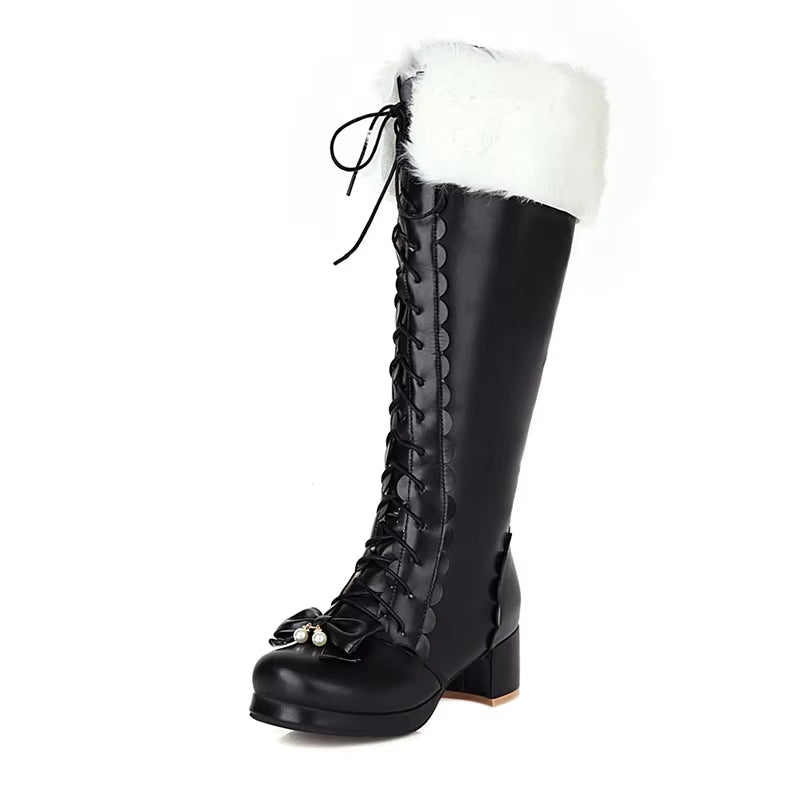 Warm Plush Winter Boots Women Knee High Long Boots Lace up Pink Gothic Lolita Shoes Female Fashion Bow Knot Big Size