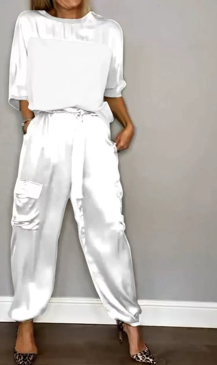 Fashion Womens Smooth Satin Half Sleeve Top Blouse And Pants Two-piece Set