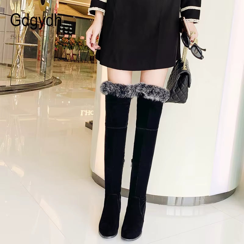 Natural Fur Winter Boots Women Knee High Long Boots Square Heel Winter Shoes Woman Waterproof Rubber Sole plus Size 46