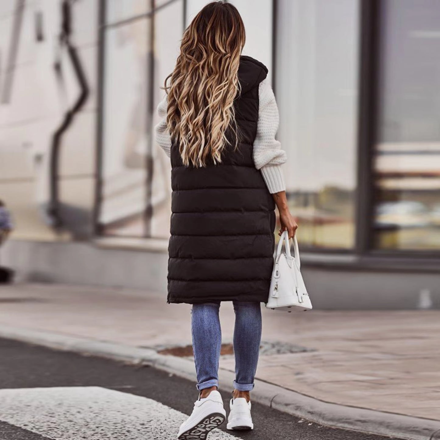 Women'S Hoodie Vest Winter Sleeveless Coat Long Warm down Coat with Pockets Quilted Outdoor Beige Mid Length Jacket Tank Female