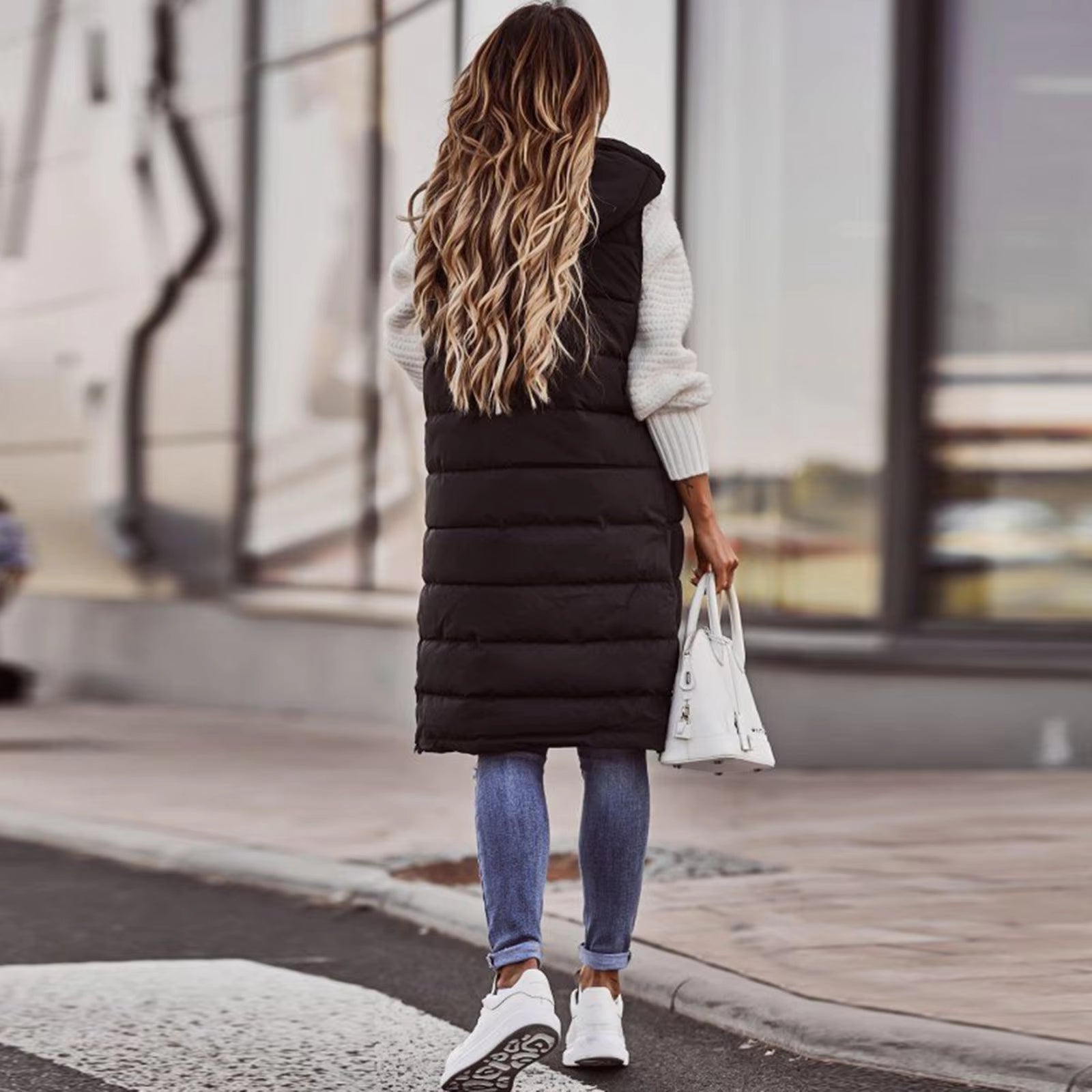Women'S Hoodie Vest Winter Sleeveless Coat Long Warm down Coat with Pockets Quilted Outdoor Beige Mid Length Jacket Tank Female