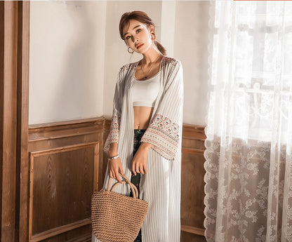 Beach holiday beach sun protection clothing female retro shawl outside summer bohemian flower striped thin cardigan
