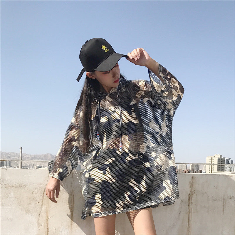 summer loaded Harajuku hollow camouflage hooded seven-point short-sleeved sunscreen clothing student loose bf sunscreen T-shirt female