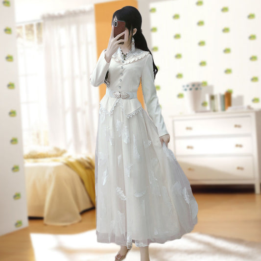 Beige Stitching Net Yarn Embroidered Feather Temperament Long Skirt Dress Female Spring Big Put On Ladies New Women's Clothing