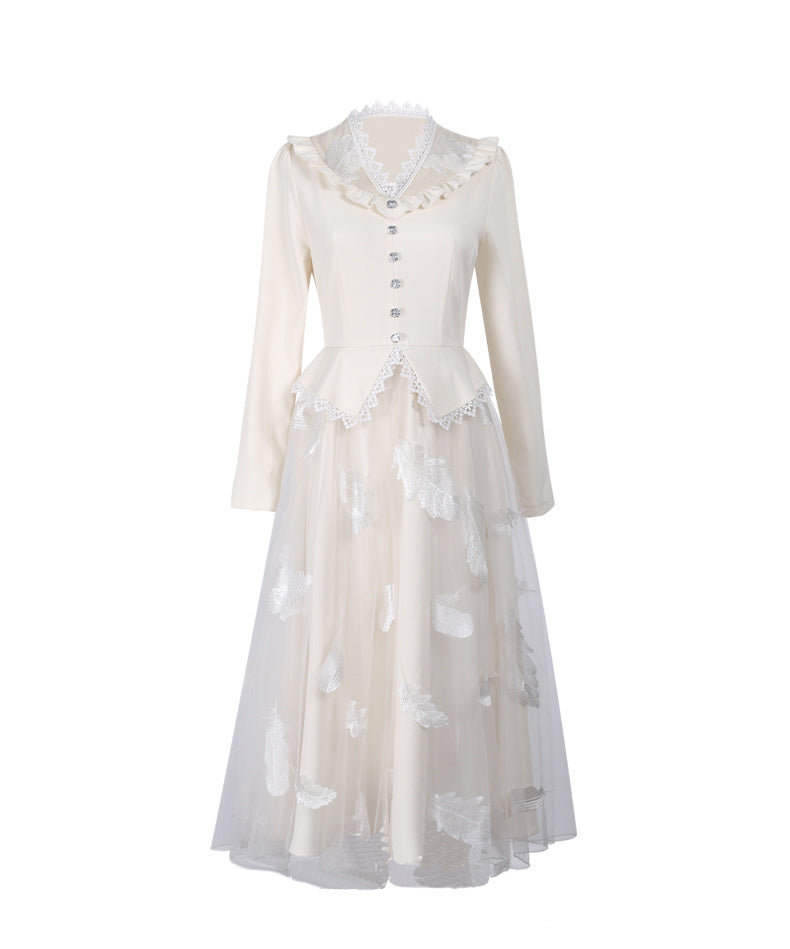 Beige Stitching Net Yarn Embroidered Feather Temperament Long Skirt Dress Female Spring Big Put On Ladies New Women's Clothing