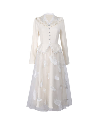 Beige Stitching Net Yarn Embroidered Feather Temperament Long Skirt Dress Female Spring Big Put On Ladies New Women's Clothing