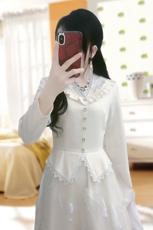 Beige Stitching Net Yarn Embroidered Feather Temperament Long Skirt Dress Female Spring Big Put On Ladies New Women's Clothing