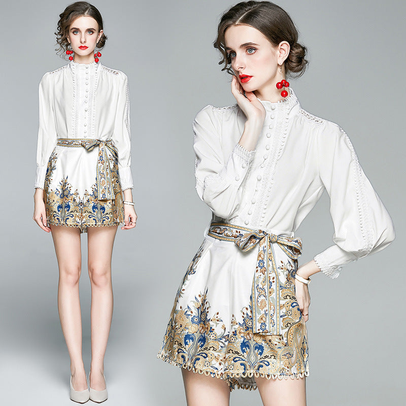 Two Pieces Set Chic Women's Suit White Blouse Tops And Printed High Waist Shorts Female Office Suit Fashion 2 Piece Set Clothing