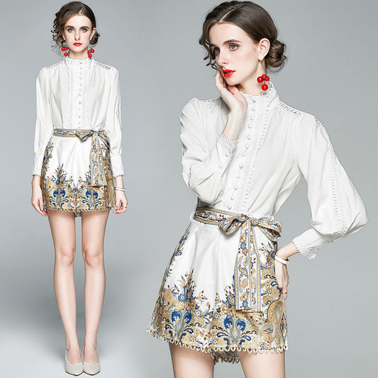 Two Pieces Set Chic Women's Suit White Blouse Tops And Printed High Waist Shorts Female Office Suit Fashion 2 Piece Set Clothing