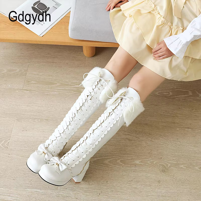 Warm Plush Winter Boots Women Knee High Long Boots Lace up Pink Gothic Lolita Shoes Female Fashion Bow Knot Big Size