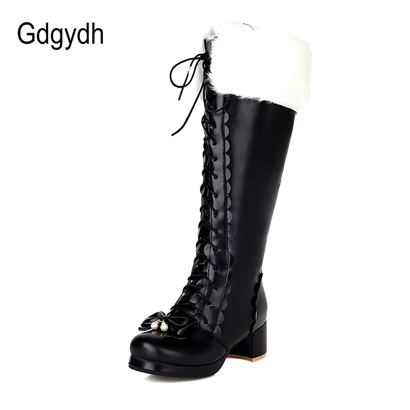 Warm Plush Winter Boots Women Knee High Long Boots Lace up Pink Gothic Lolita Shoes Female Fashion Bow Knot Big Size