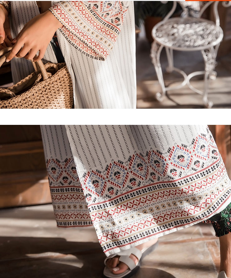 Beach holiday beach sun protection clothing female retro shawl outside summer bohemian flower striped thin cardigan