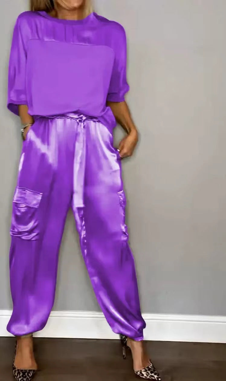 Fashion Womens Smooth Satin Half Sleeve Top Blouse And Pants Two-piece Set