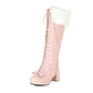 Warm Plush Winter Boots Women Knee High Long Boots Lace up Pink Gothic Lolita Shoes Female Fashion Bow Knot Big Size