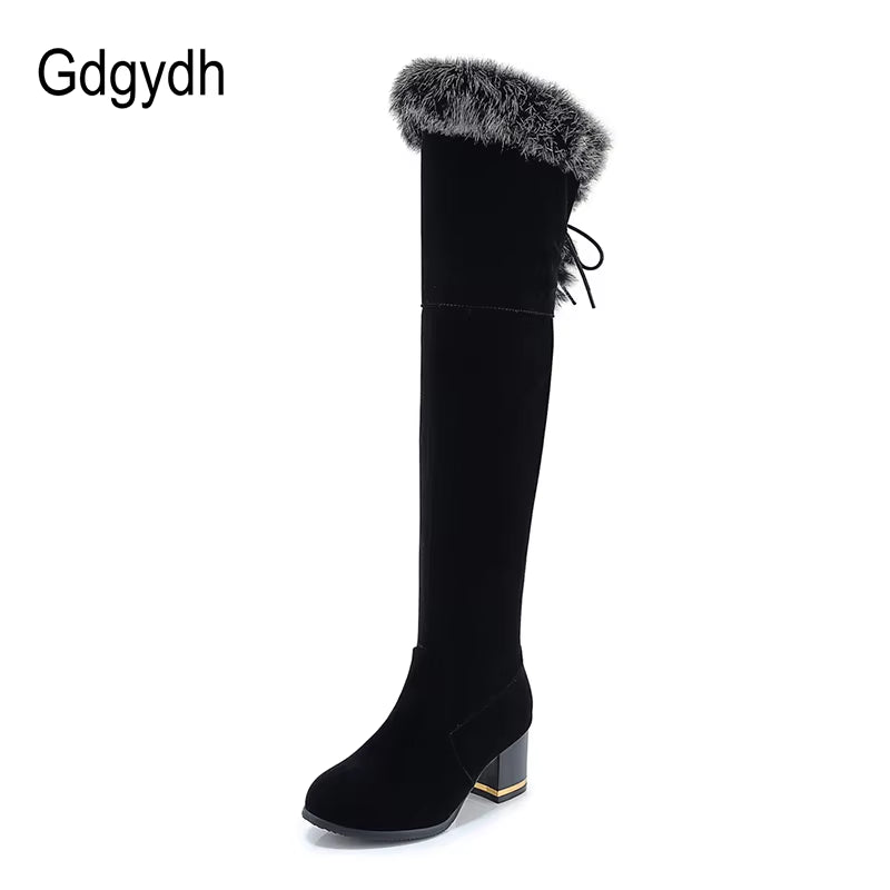 Natural Fur Winter Boots Women Knee High Long Boots Square Heel Winter Shoes Woman Waterproof Rubber Sole plus Size 46