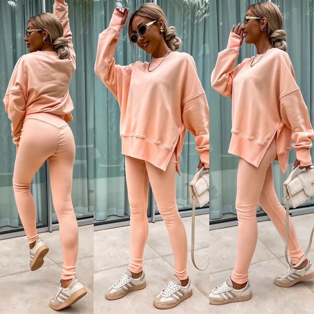 Sweater Suit Womens Casual Loose Long Sleeve Crew Neck Split Top Tight Trousers