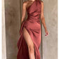 Sexy One-shoulder Backless Slit Dress Summer Elegant Slim-fit Solid Color Satin Dresses For Women