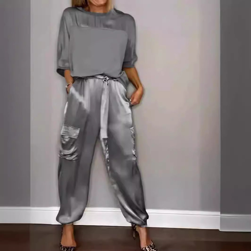 Fashion Womens Smooth Satin Half Sleeve Top Blouse And Pants Two-piece Set