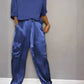 Fashion Womens Smooth Satin Half Sleeve Top Blouse And Pants Two-piece Set