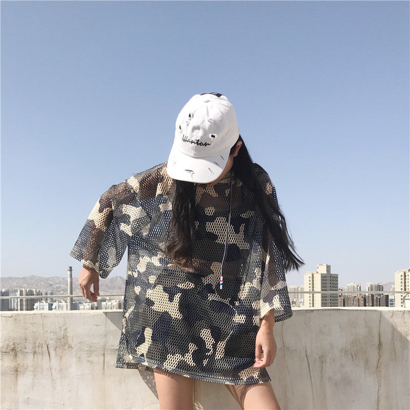 summer loaded Harajuku hollow camouflage hooded seven-point short-sleeved sunscreen clothing student loose bf sunscreen T-shirt female