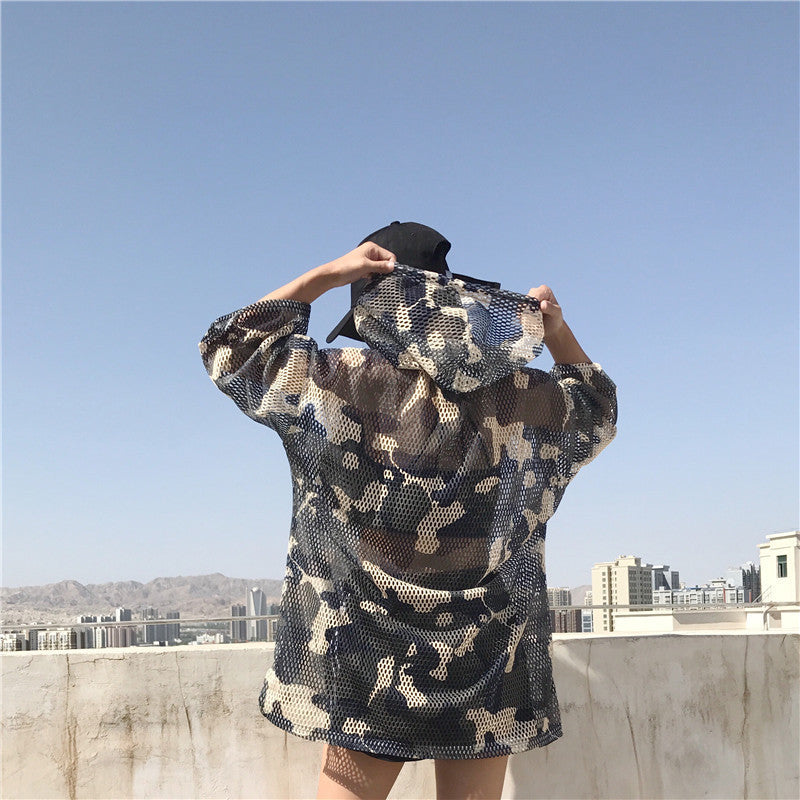 summer loaded Harajuku hollow camouflage hooded seven-point short-sleeved sunscreen clothing student loose bf sunscreen T-shirt female
