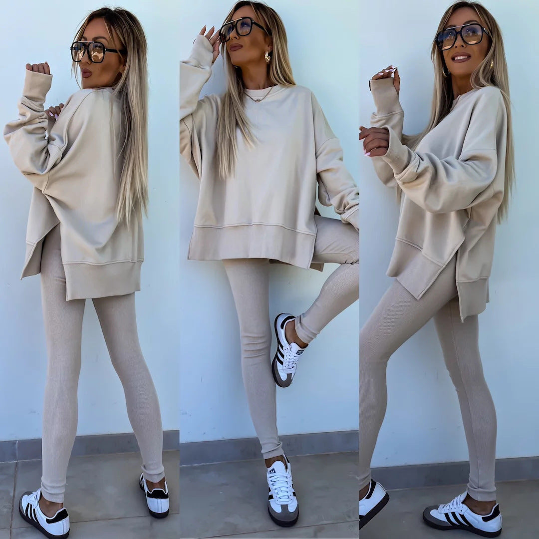 Sweater Suit Womens Casual Loose Long Sleeve Crew Neck Split Top Tight Trousers