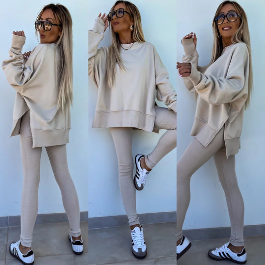 Sweater Suit Womens Casual Loose Long Sleeve Crew Neck Split Top Tight Trousers