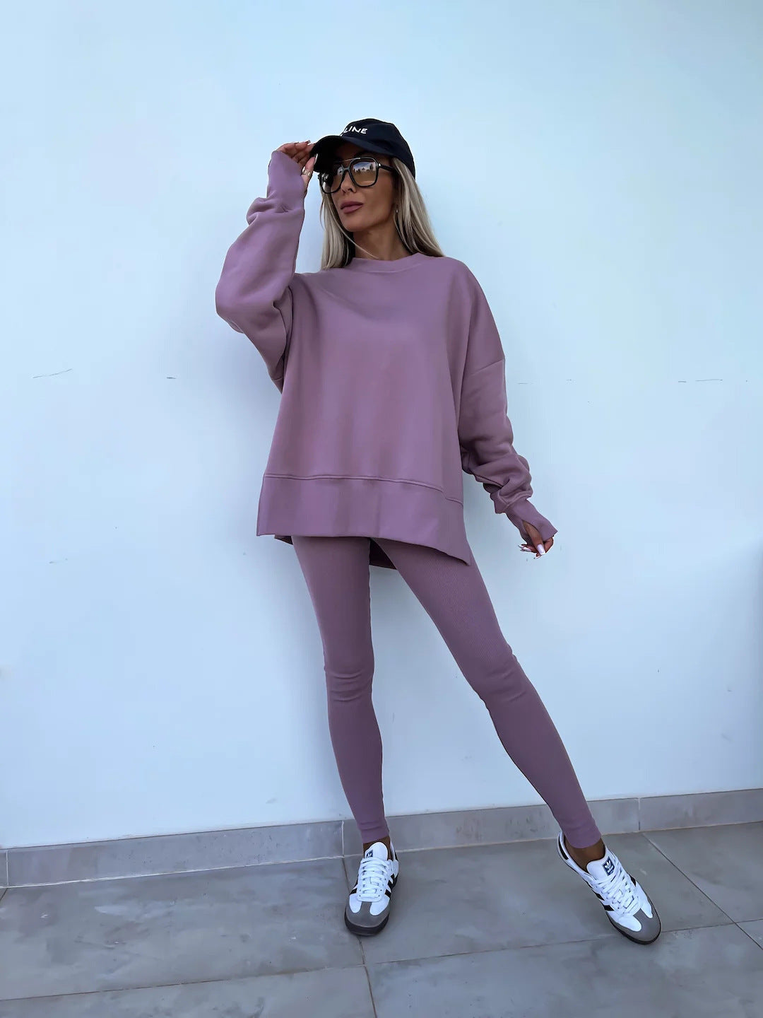 Sweater Suit Womens Casual Loose Long Sleeve Crew Neck Split Top Tight Trousers