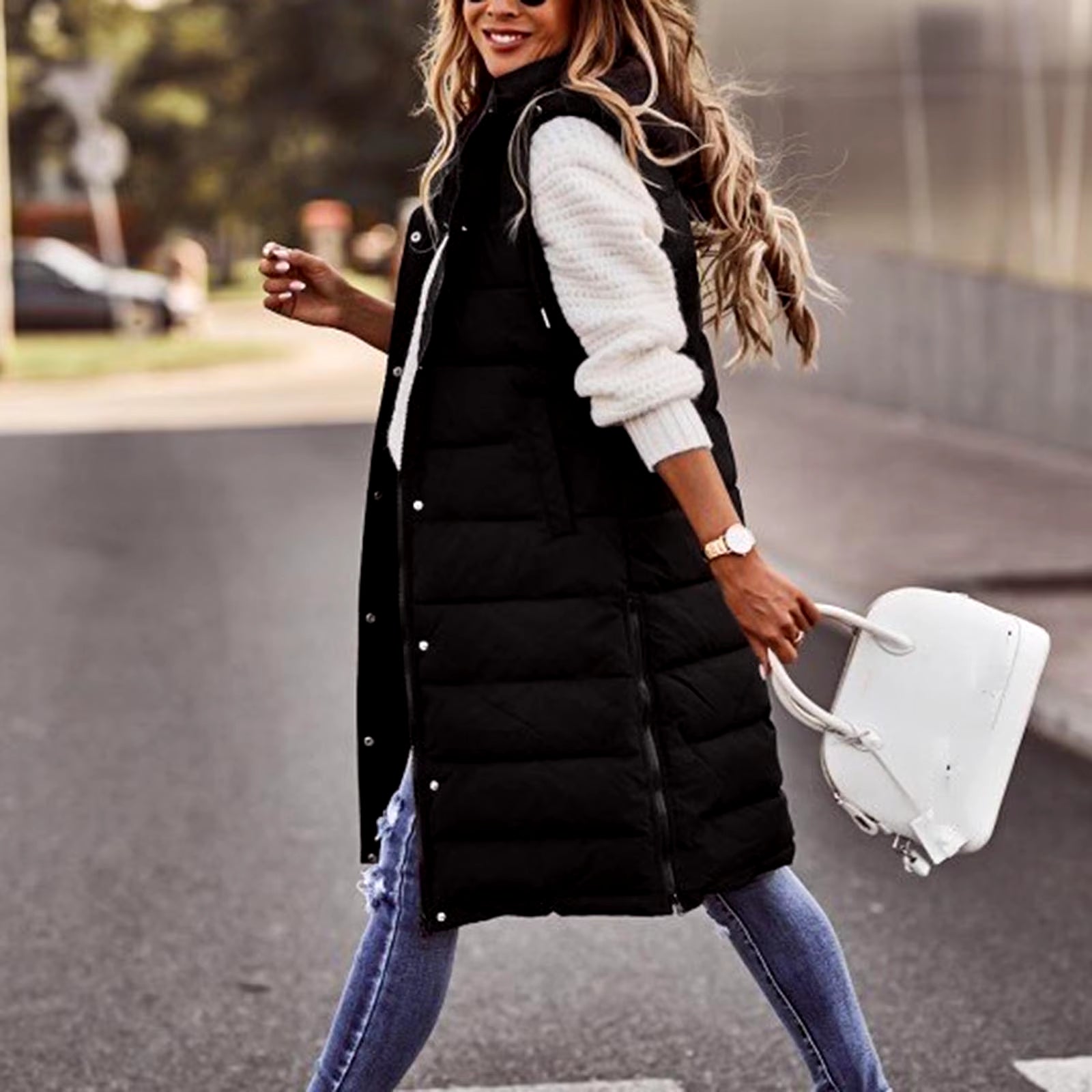 Women'S Hoodie Vest Winter Sleeveless Coat Long Warm down Coat with Pockets Quilted Outdoor Beige Mid Length Jacket Tank Female