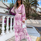 Elegant Women's Hollow Floor V-neck Long-sleeved Plant Dress Long Dresses Spring Summer Print V-neck Long Sleeve Dress