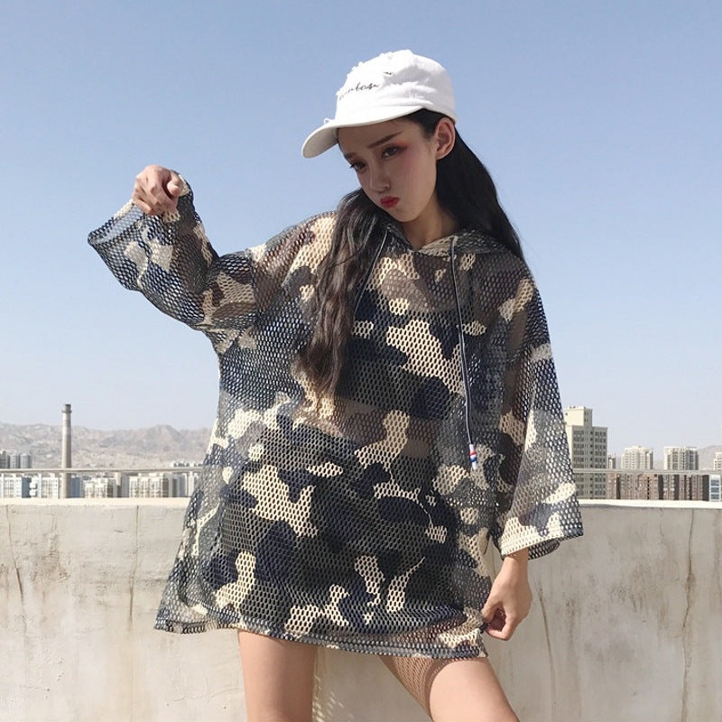 summer loaded Harajuku hollow camouflage hooded seven-point short-sleeved sunscreen clothing student loose bf sunscreen T-shirt female