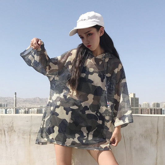 summer loaded Harajuku hollow camouflage hooded seven-point short-sleeved sunscreen clothing student loose bf sunscreen T-shirt female