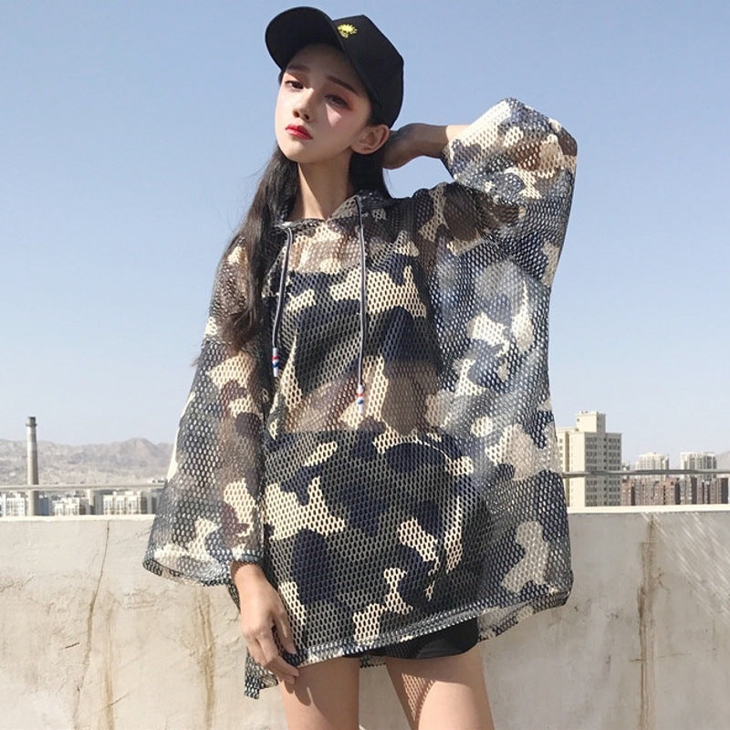 summer loaded Harajuku hollow camouflage hooded seven-point short-sleeved sunscreen clothing student loose bf sunscreen T-shirt female