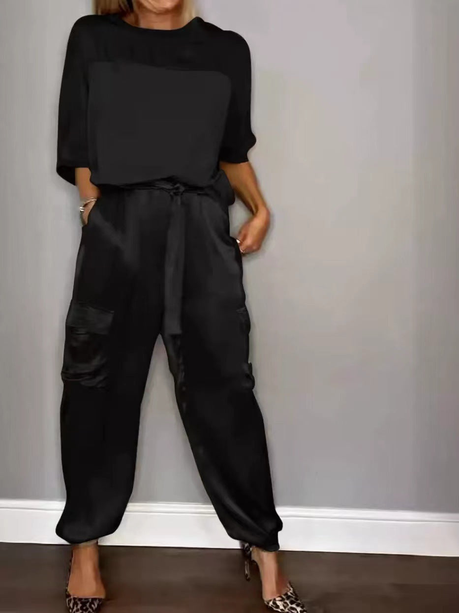 Fashion Womens Smooth Satin Half Sleeve Top Blouse And Pants Two-piece Set