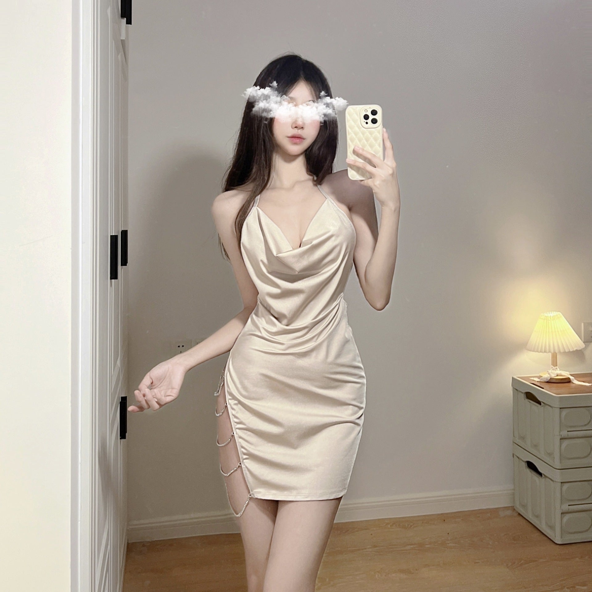 Womens Elegant Light Diamond Deep V Hip Skirt Secretary Suit