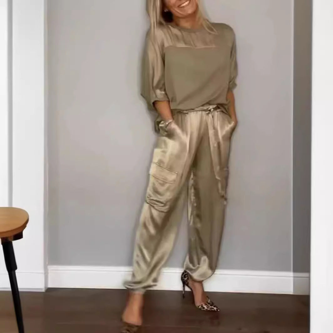 Fashion Womens Smooth Satin Half Sleeve Top Blouse And Pants Two-piece Set