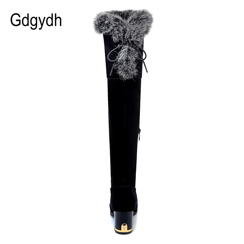 Natural Fur Winter Boots Women Knee High Long Boots Square Heel Winter Shoes Woman Waterproof Rubber Sole plus Size 46