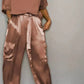 Fashion Womens Smooth Satin Half Sleeve Top Blouse And Pants Two-piece Set