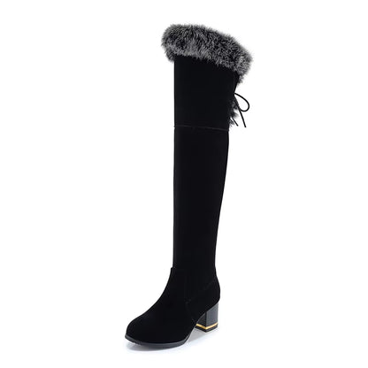 Natural Fur Winter Boots Women Knee High Long Boots Square Heel Winter Shoes Woman Waterproof Rubber Sole plus Size 46