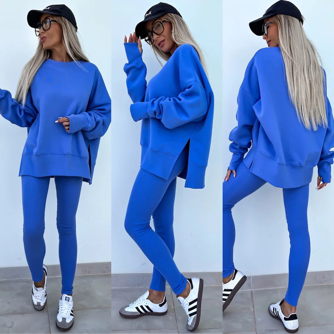 Sweater Suit Womens Casual Loose Long Sleeve Crew Neck Split Top Tight Trousers