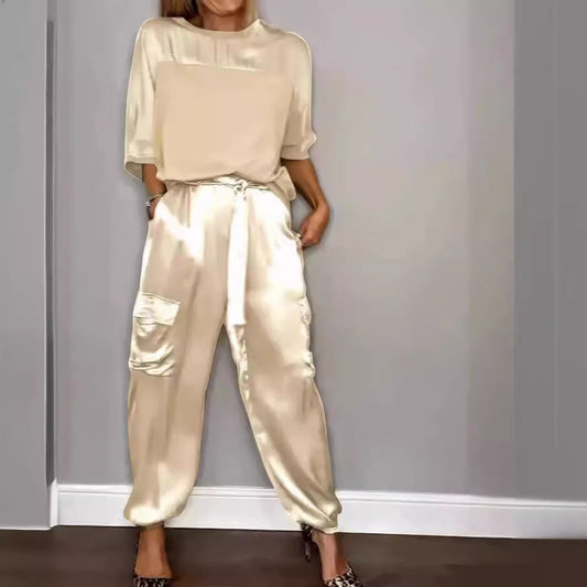 Fashion Womens Smooth Satin Half Sleeve Top Blouse And Pants Two-piece Set