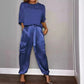 Fashion Womens Smooth Satin Half Sleeve Top Blouse And Pants Two-piece Set