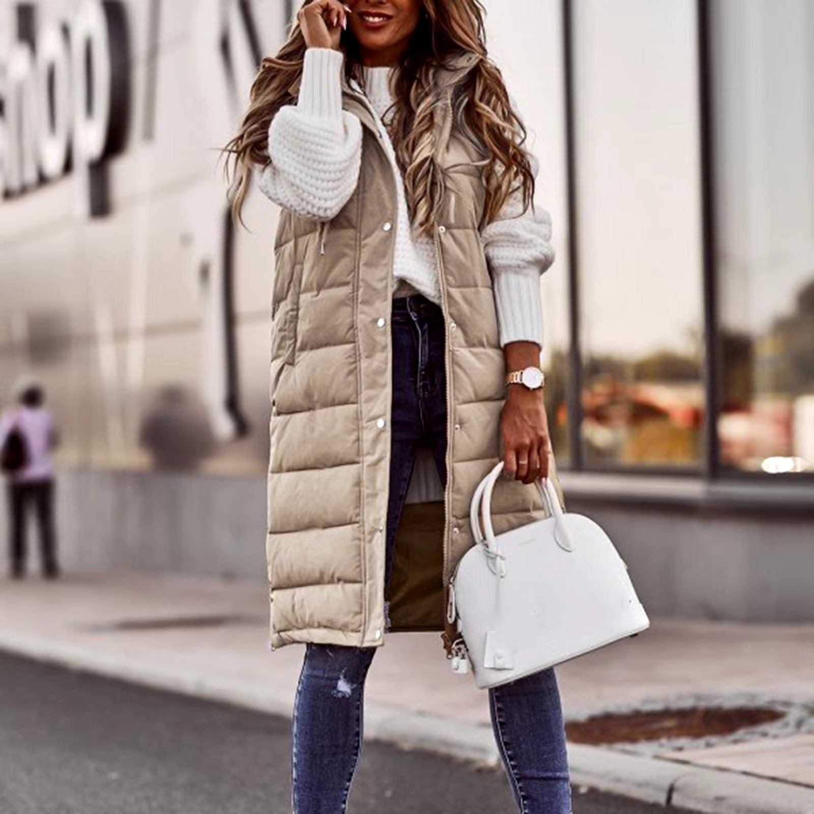 Women'S Hoodie Vest Winter Sleeveless Coat Long Warm down Coat with Pockets Quilted Outdoor Beige Mid Length Jacket Tank Female