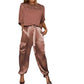 Fashion Womens Smooth Satin Half Sleeve Top Blouse And Pants Two-piece Set