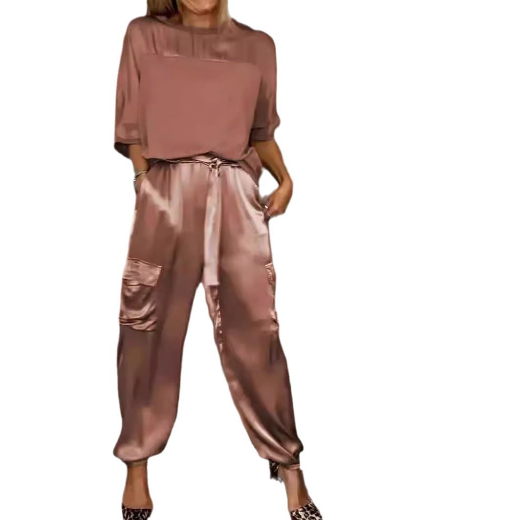 Fashion Womens Smooth Satin Half Sleeve Top Blouse And Pants Two-piece Set