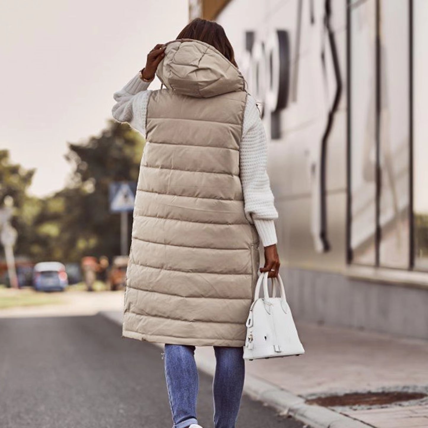 Women'S Hoodie Vest Winter Sleeveless Coat Long Warm down Coat with Pockets Quilted Outdoor Beige Mid Length Jacket Tank Female