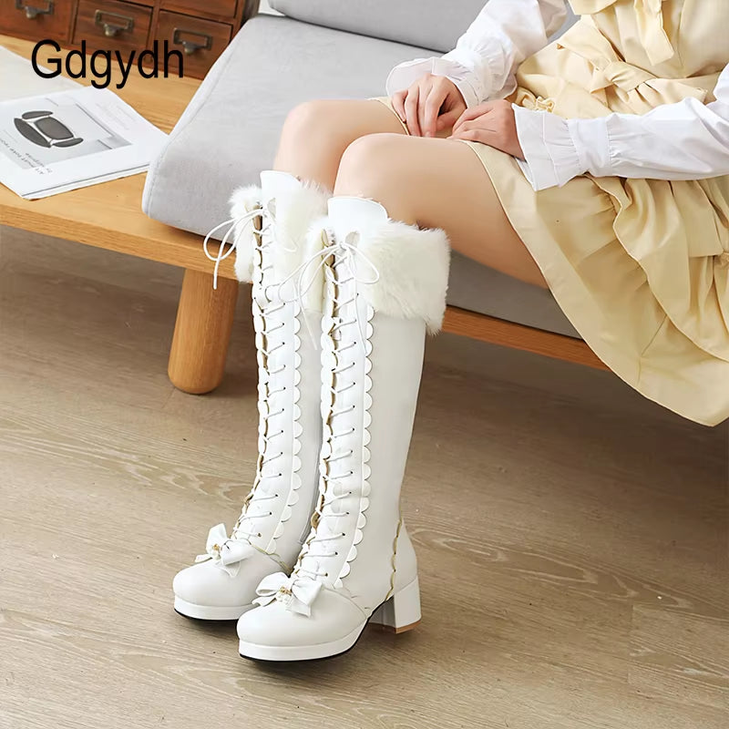 Warm Plush Winter Boots Women Knee High Long Boots Lace up Pink Gothic Lolita Shoes Female Fashion Bow Knot Big Size